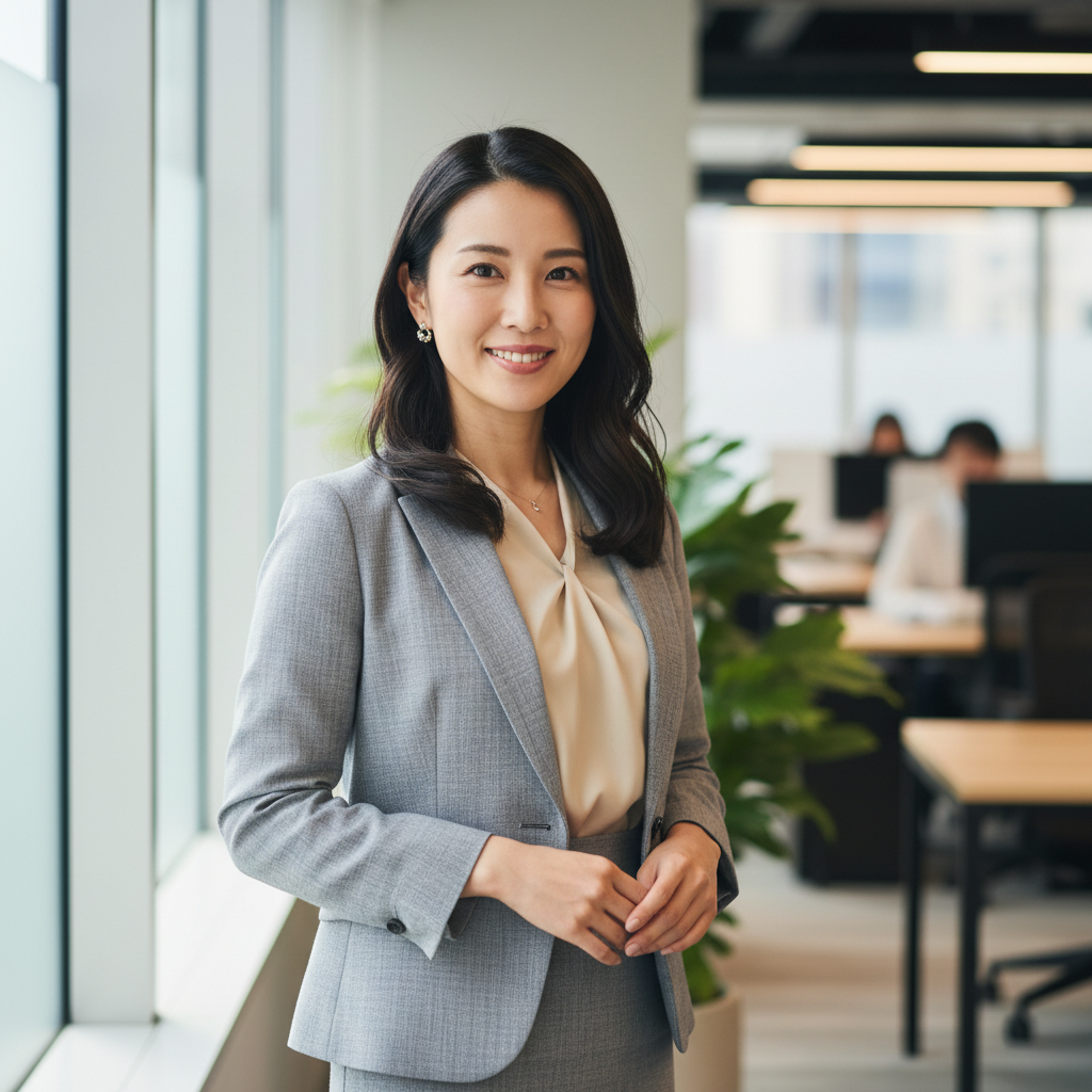 Filipino client manager Sofia Lim in professional attire smiling warmly in office environment