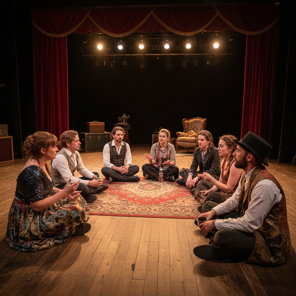 Small group of performers sitting in a circle in a theater, having a post-show discussion