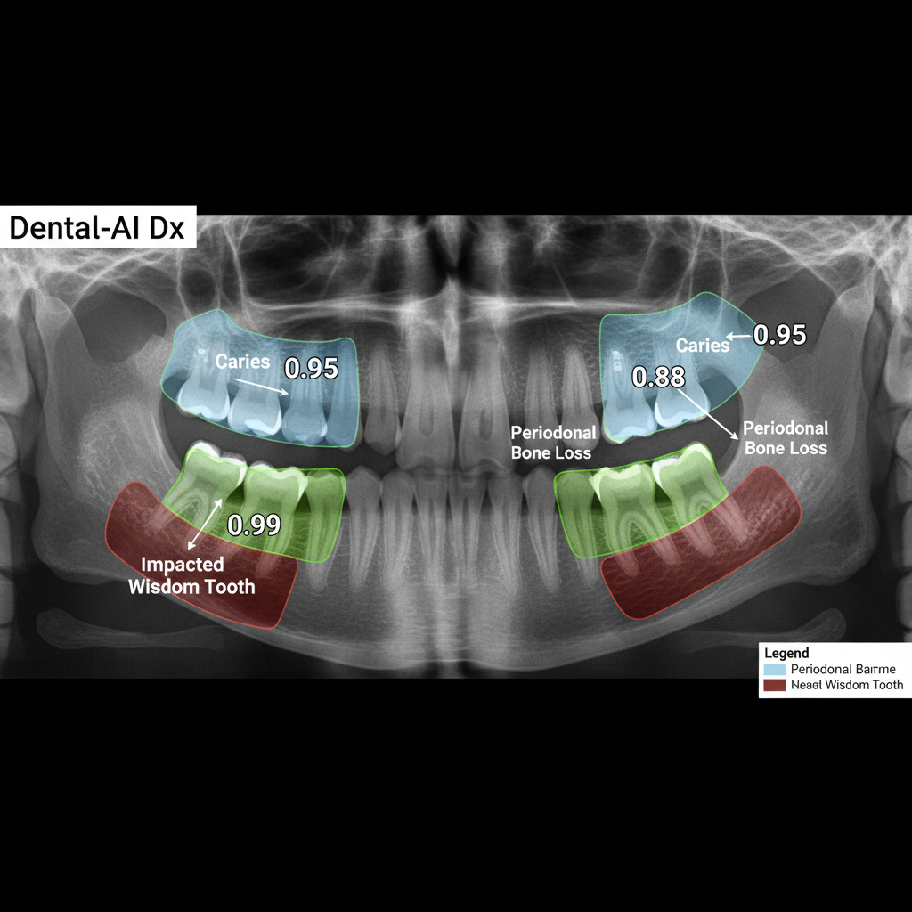 AI-annotated panoramic dental radiograph showing color-coded diagnostic findings with confidence scores