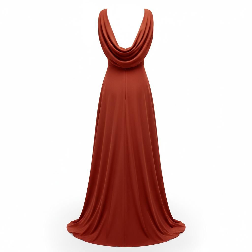 Rust cinnabar A-line bridesmaid dress with cowl back and draped skirt