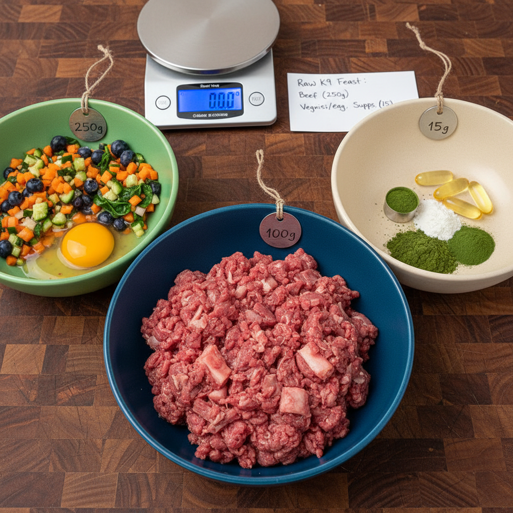 Precisely portioned raw dog food recipe with weighed ingredients in ceramic bowls on a wooden surface