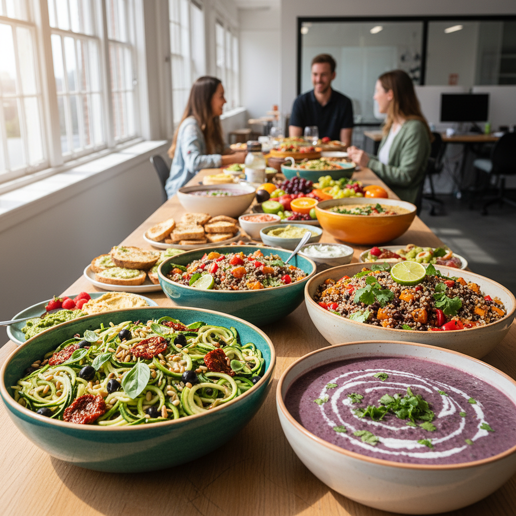Bright office lunch spread with colorful plant-based dishes in ceramic bowls