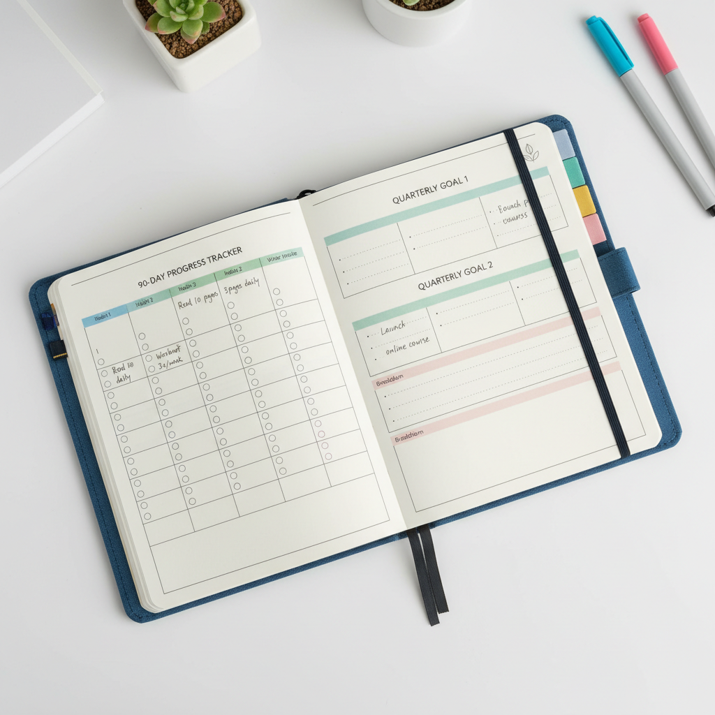 Clean minimalist calendar planner on bright white desk with natural light, open scheduling view
