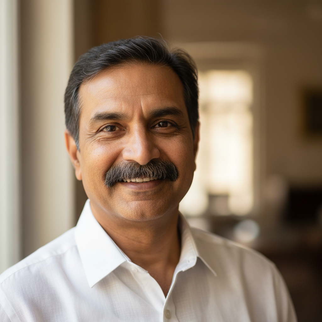 Middle-aged Indian man in his 50s with grey hair wearing white shirt smiling warmly showing healthy teeth