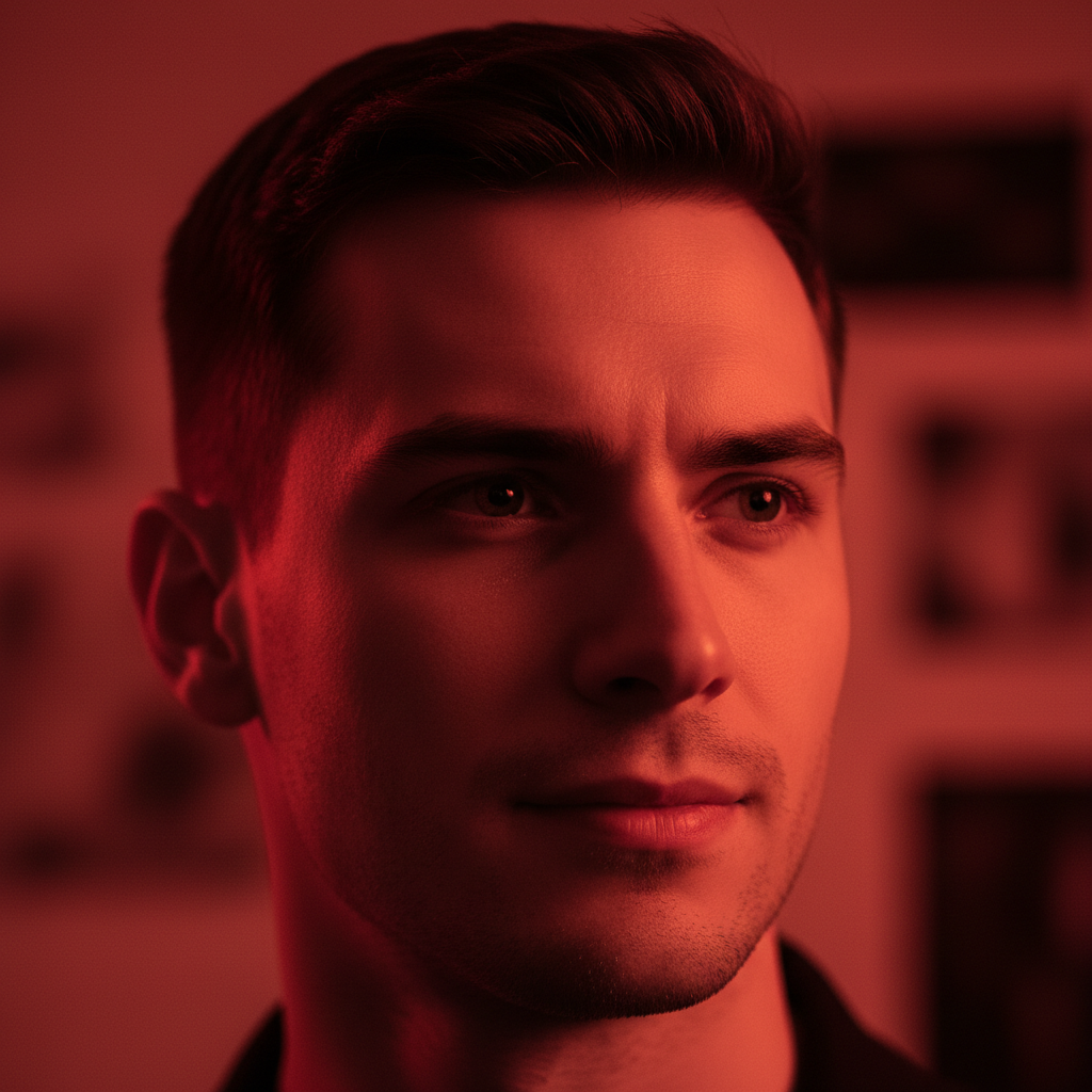 Young man with sharp features, competitive intense expression, dramatic side lighting, modern urban setting