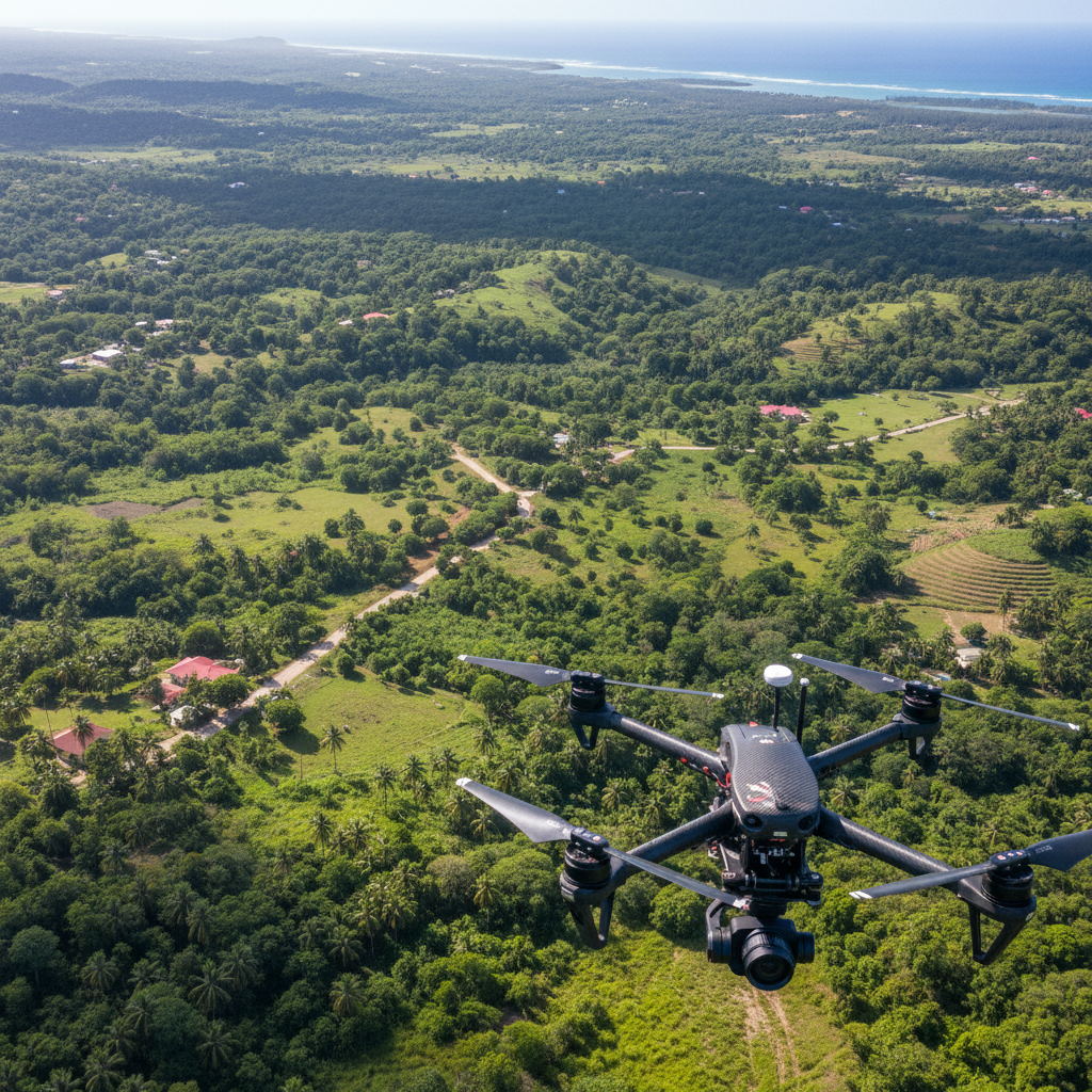 Aerial drone survey of Queenhythe land site with drone visible in foreground, green Jamaican terrain below, clear blue sky