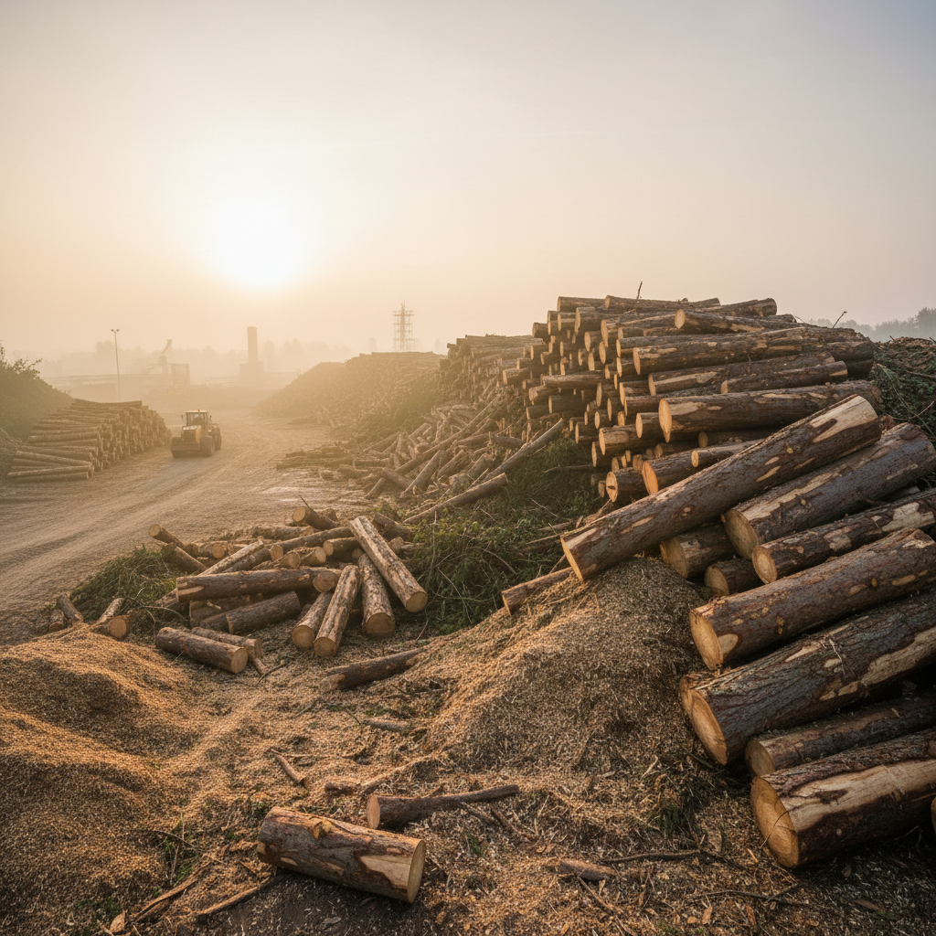 Large pile of fresh wood logs and sawmill residuals at industrial intake yard in early morning light