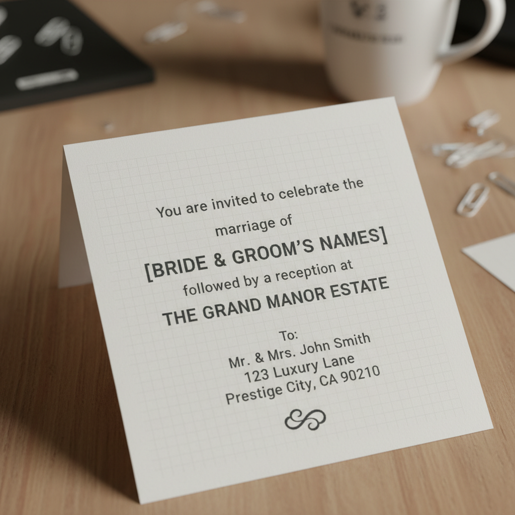 Bland printed invitation proof showing generic digital font addressing that failed to convey the reception's luxury tone