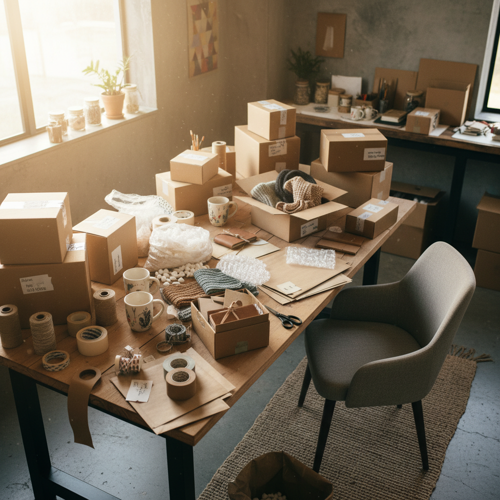 Maker's workspace with packing supplies and handmade goods ready to ship