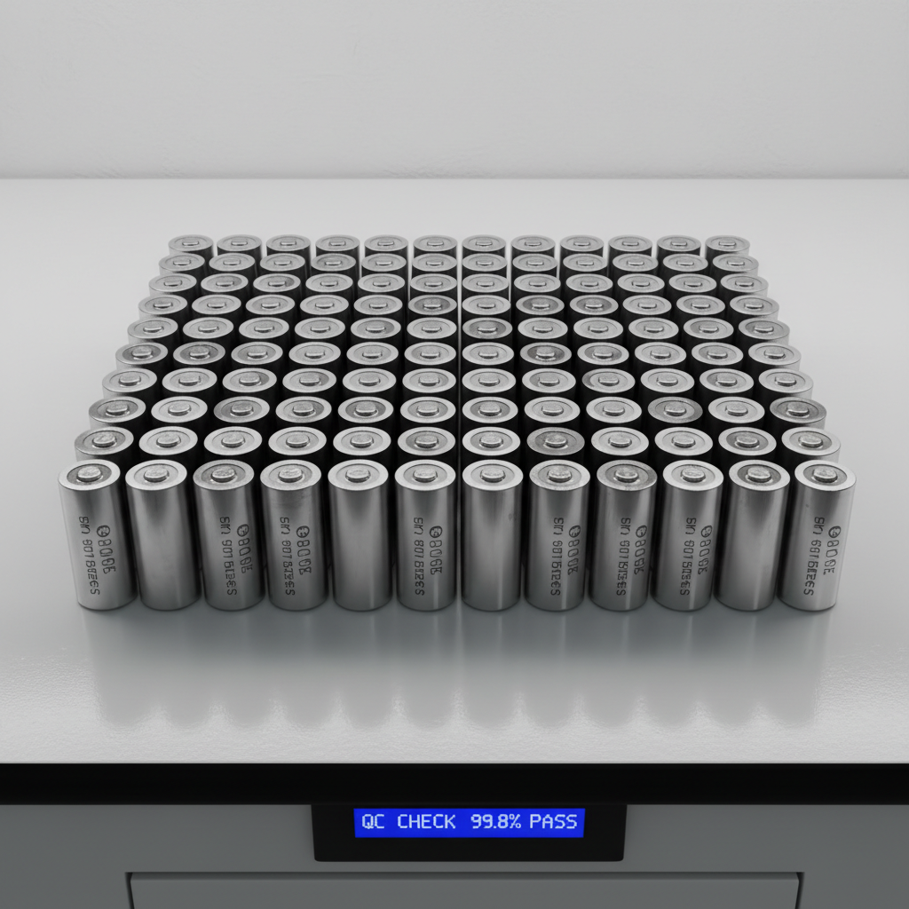 Battery cells arranged in precise formation for quality testing