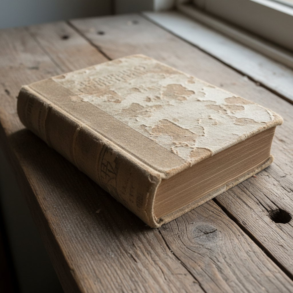 Worn hardcover book with ocean blue tones on a weathered wooden table