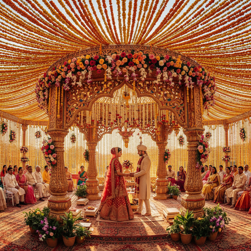 Bride and groom at a lakeside palace ceremony, warm golden twilight, ornate floral archway, candlelit mandap, atmospheric shadows