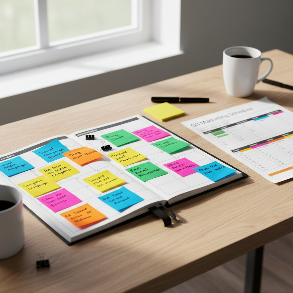 Marketing professional working on social media calendar with colorful sticky notes in bright office