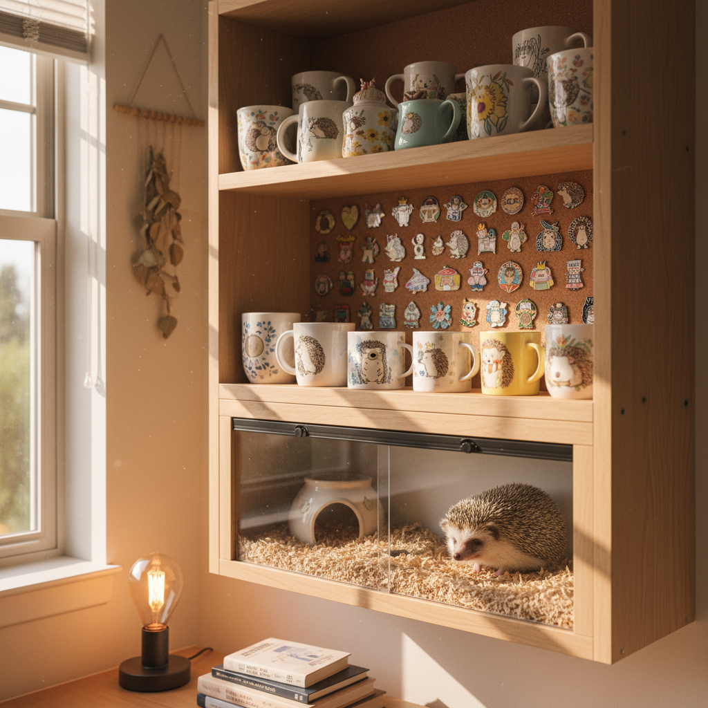 College dorm shelf decorated with hedgehog mugs, enamel pins, and a real hedgehog in a habitat