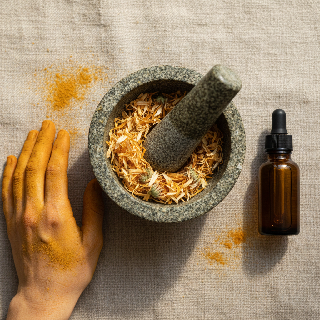 Top-down overhead flat lay of the Vessel bottle on a clean linen surface with pine needles, bright airy natural light