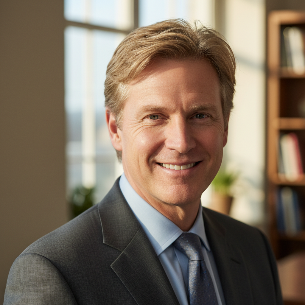 Professional businessman in suit, confident expression, neutral studio background, warm lighting