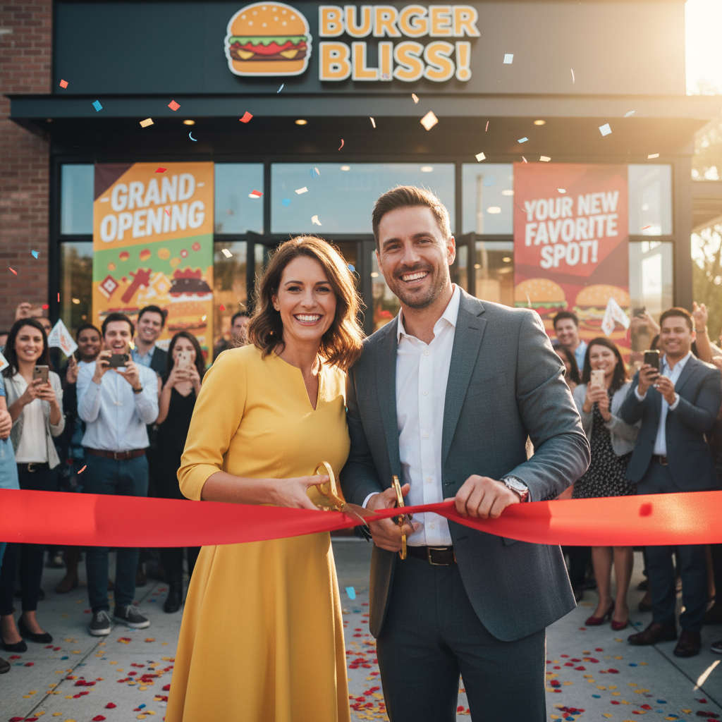 Franchise owner couple cutting grand opening ribbon outside their restaurant