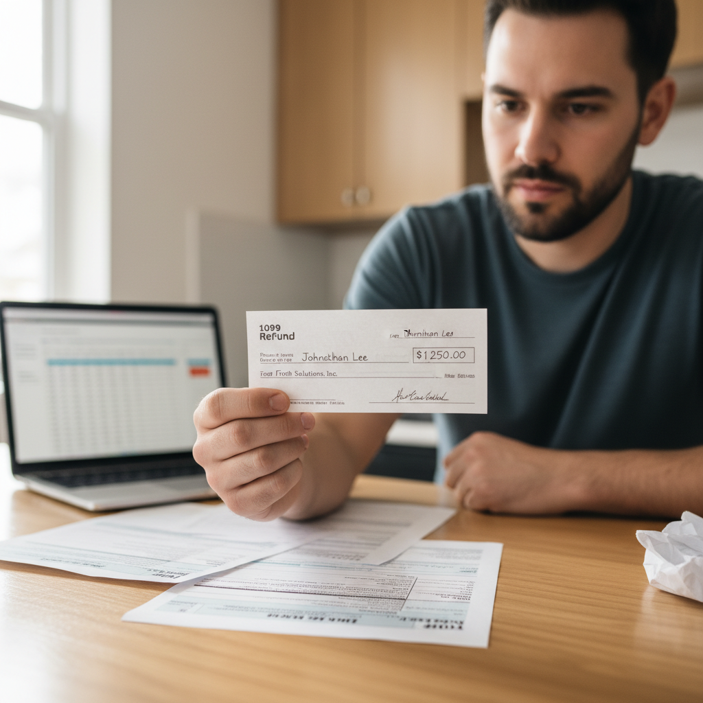 Gig worker with refund check, 1099 paperwork spread on counter behind him