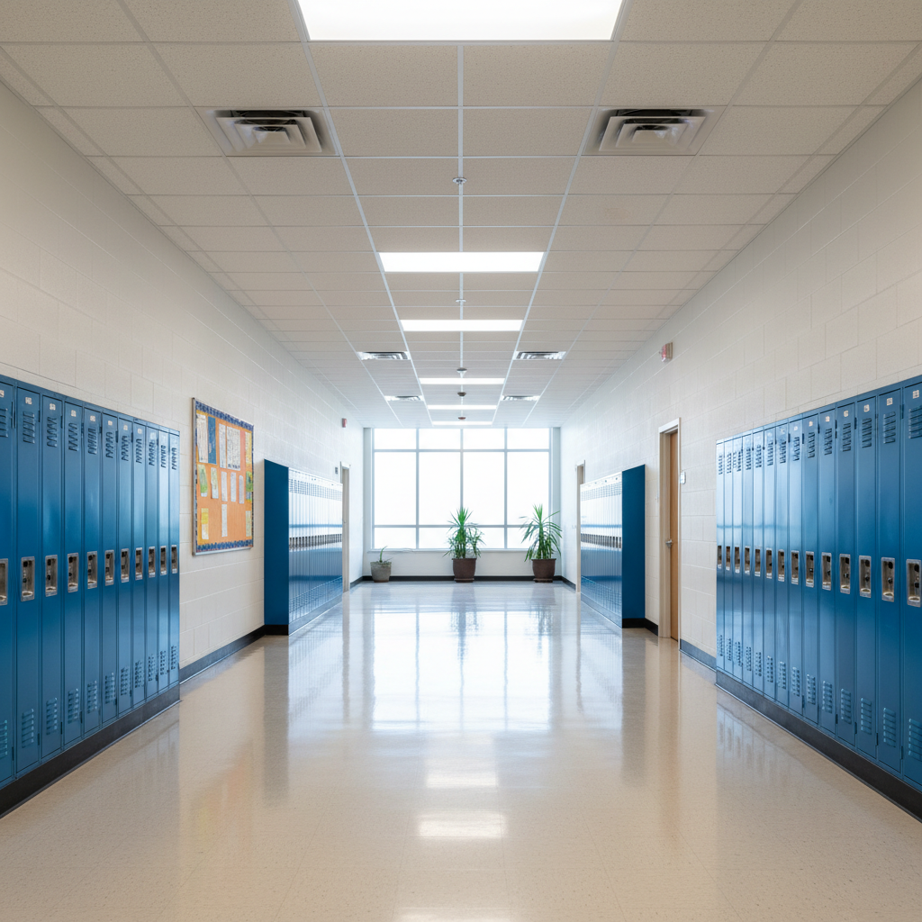 Bright well-lit school corridor with clean floors and natural light streaming through large windows