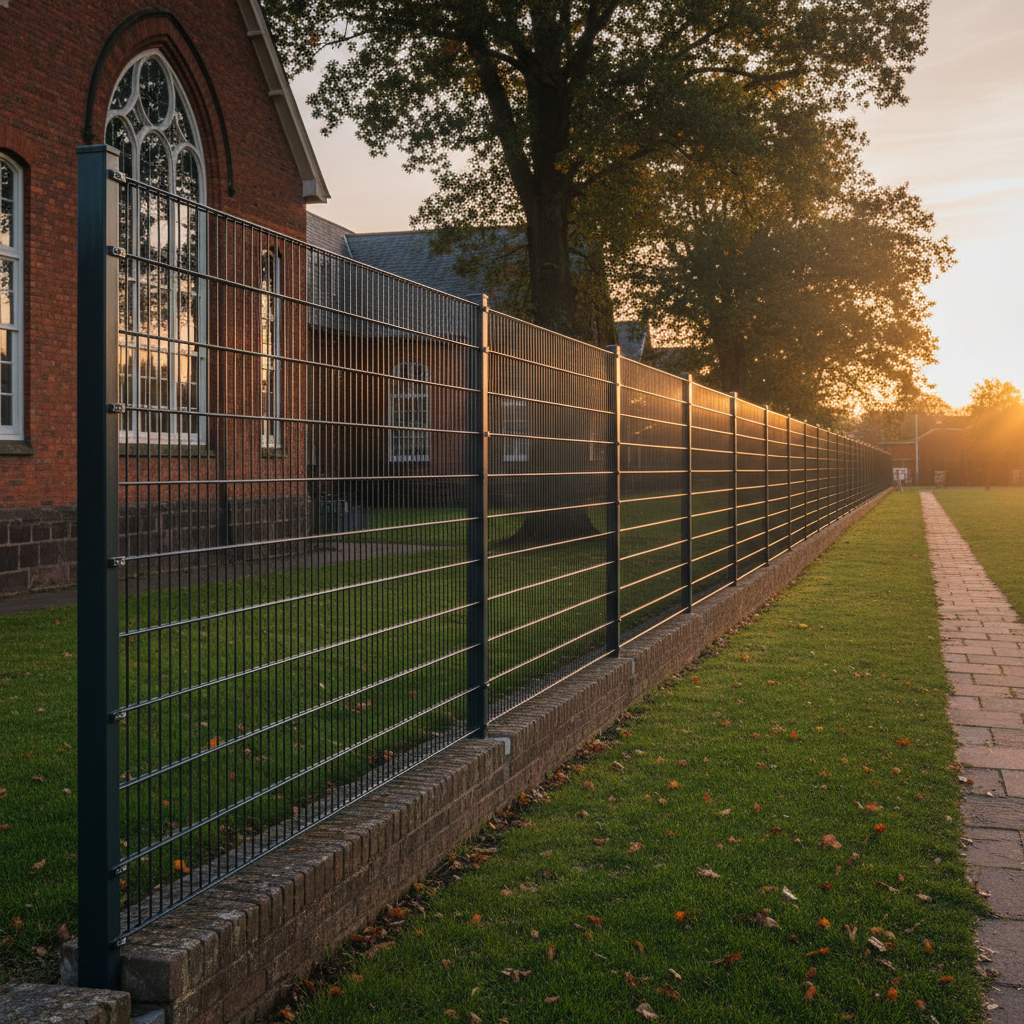 ClearVu anti-climb mesh fence with fine welded apertures along a school boundary wall at dusk