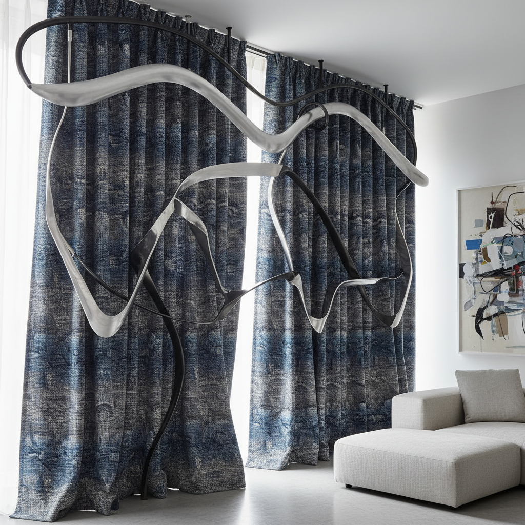 Modern wave-patterned curtains with custom architectural hardware creating dramatic sculptural folds in contemporary space