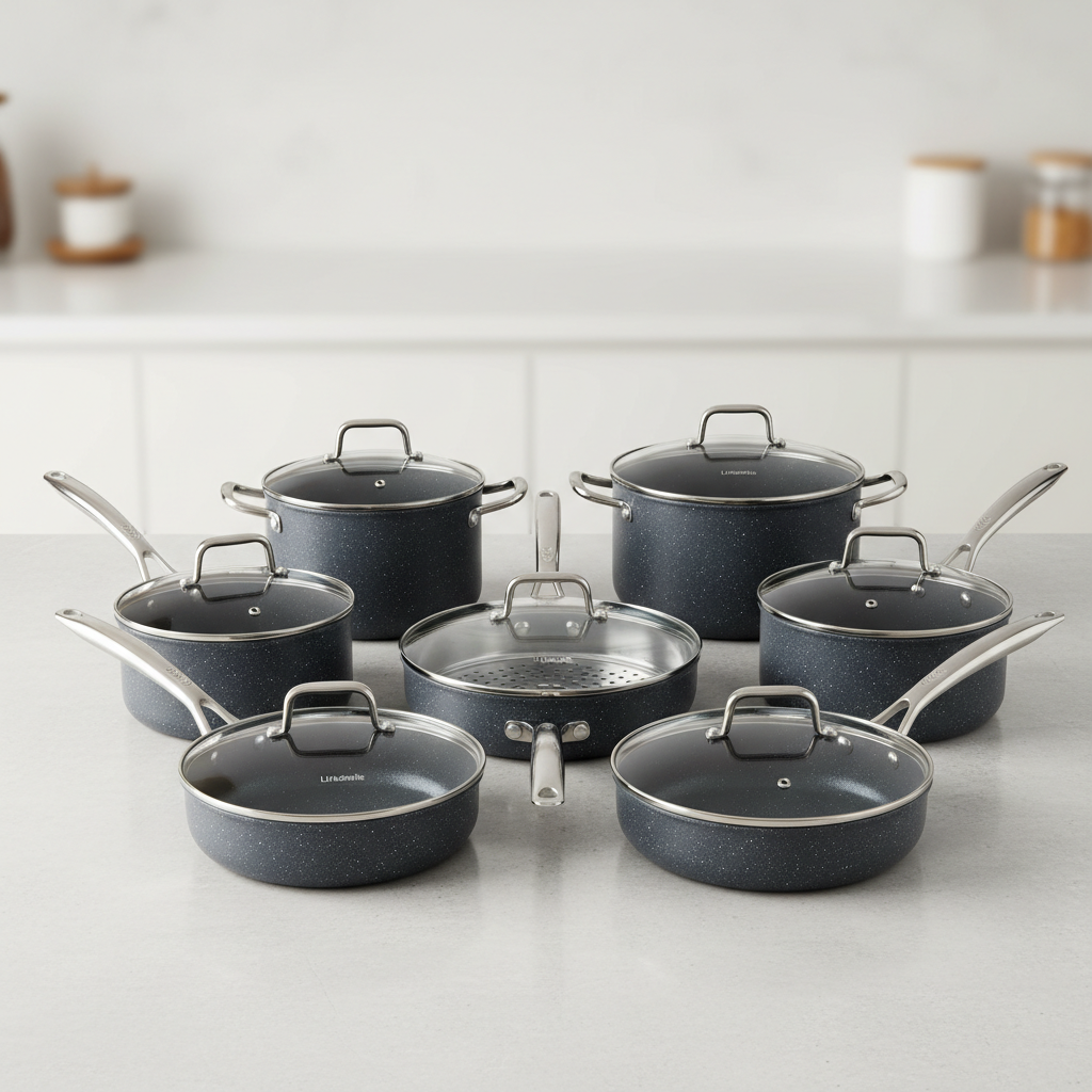Shiny non-stick cookware set displayed on bright white kitchen counter