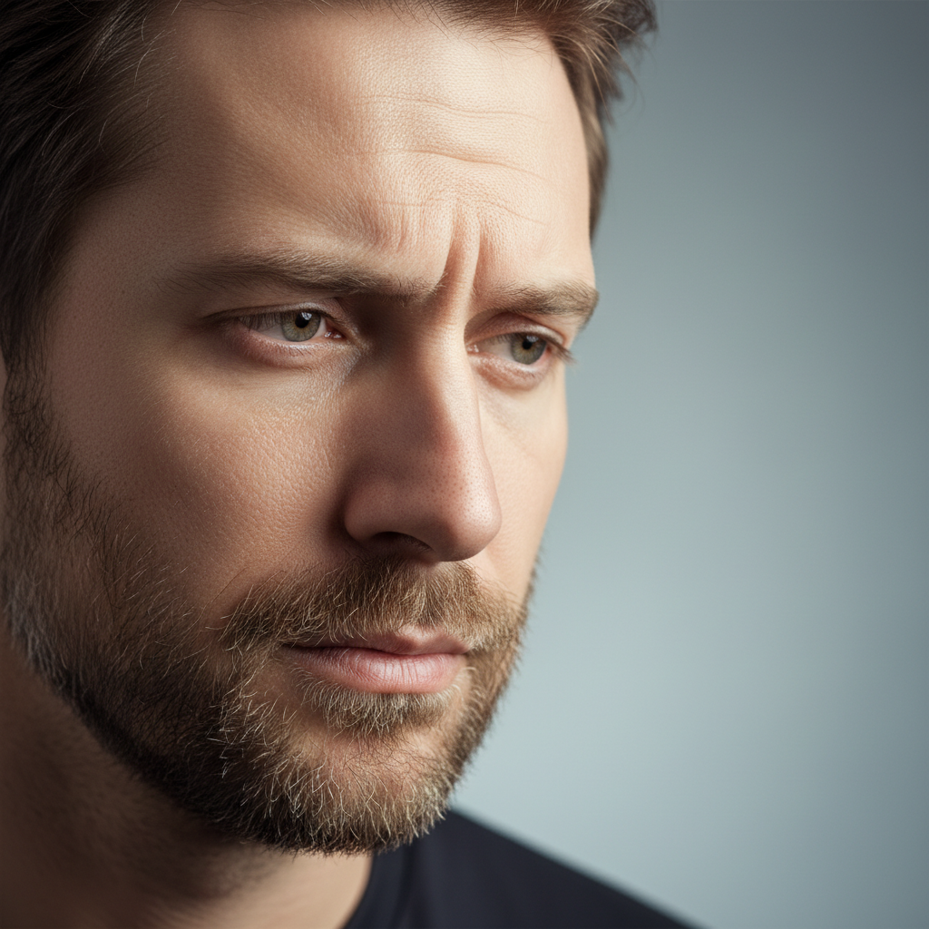 Man with calm thoughtful expression, neutral background, soft studio lighting
