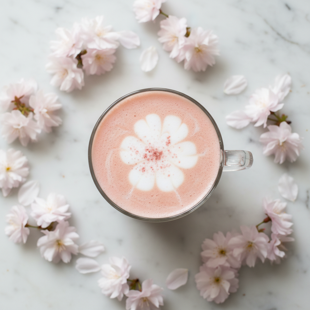 Overhead view of a pink-hued spring latte surrounded by cherry blossom petals on a white marble surface