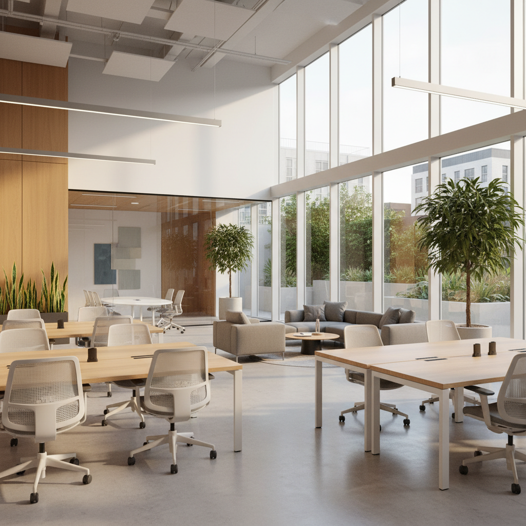 Bright modern office with wooden desks, plants and large windows