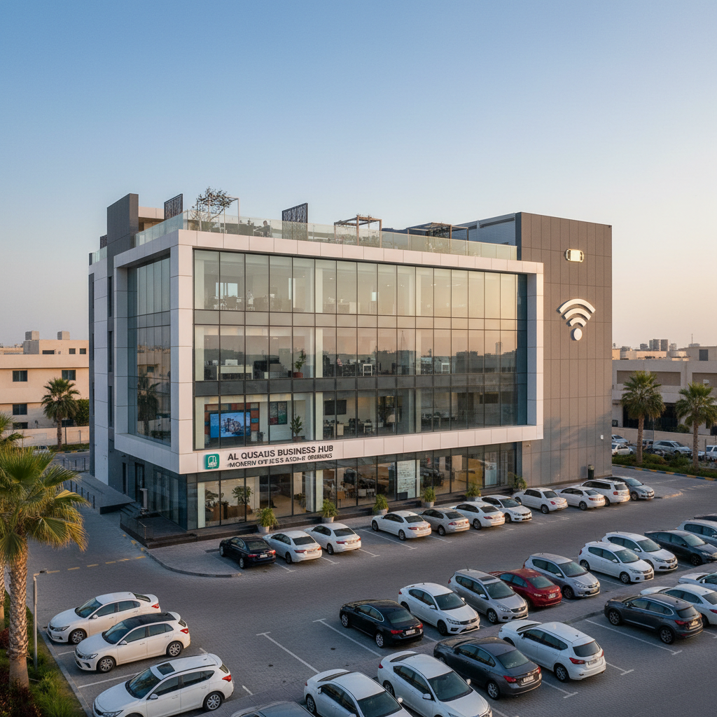 Complexe commercial moderne avec façade vitrée et grand parking