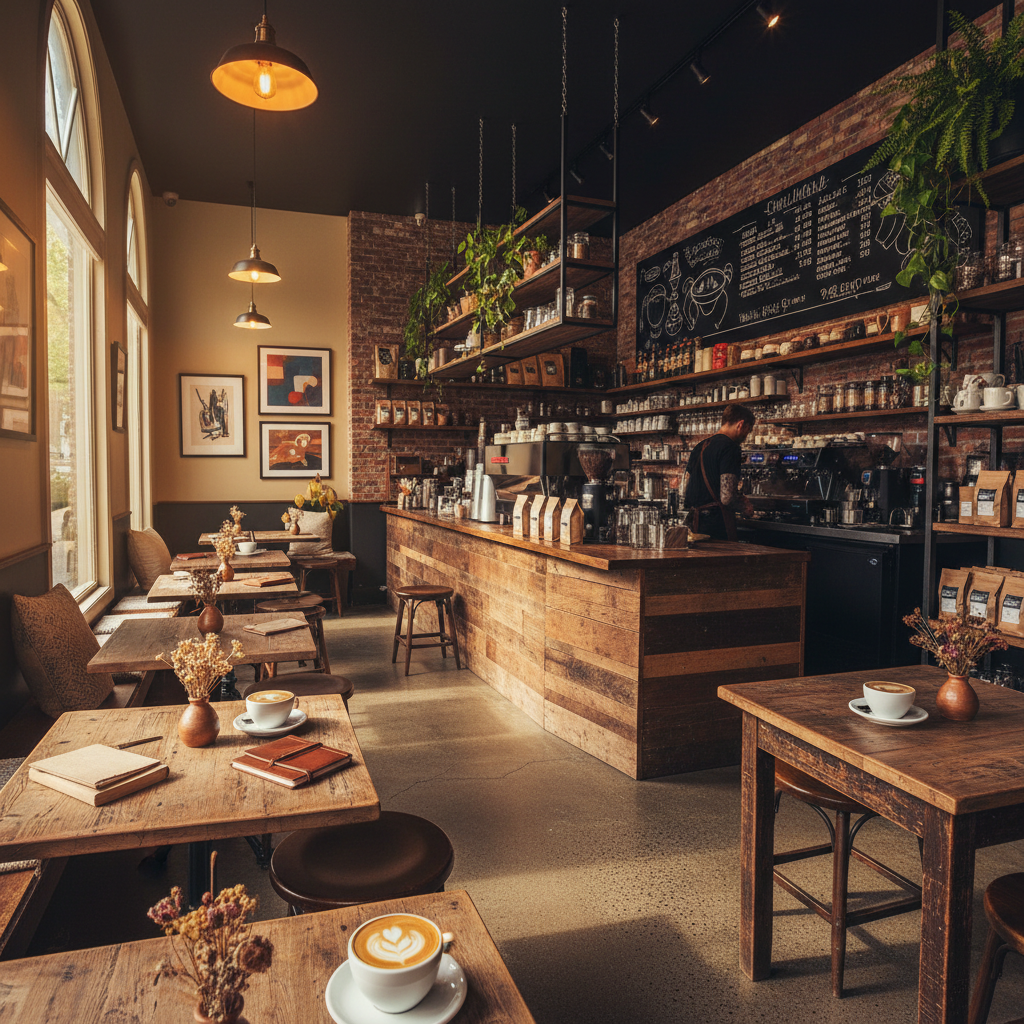 Artisan coffee shop with warm lighting, barista crafting latte art, cozy inviting atmosphere