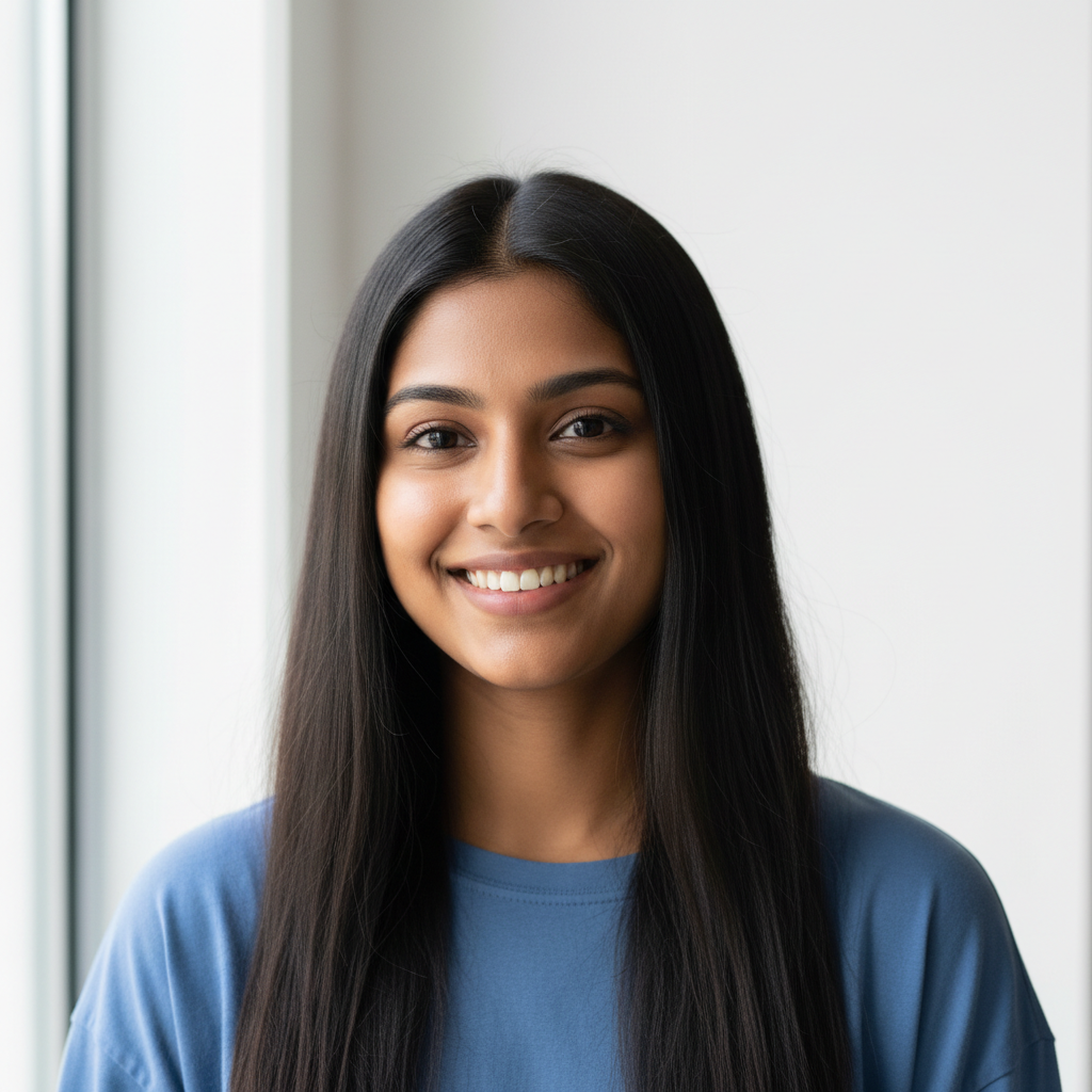 Young Indian woman with long dark hair smiling at camera in casual attire