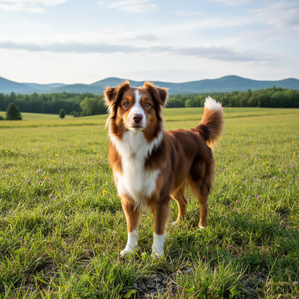 Red tri Australian Shepherd Juniper standing proudly in a Vermont pasture