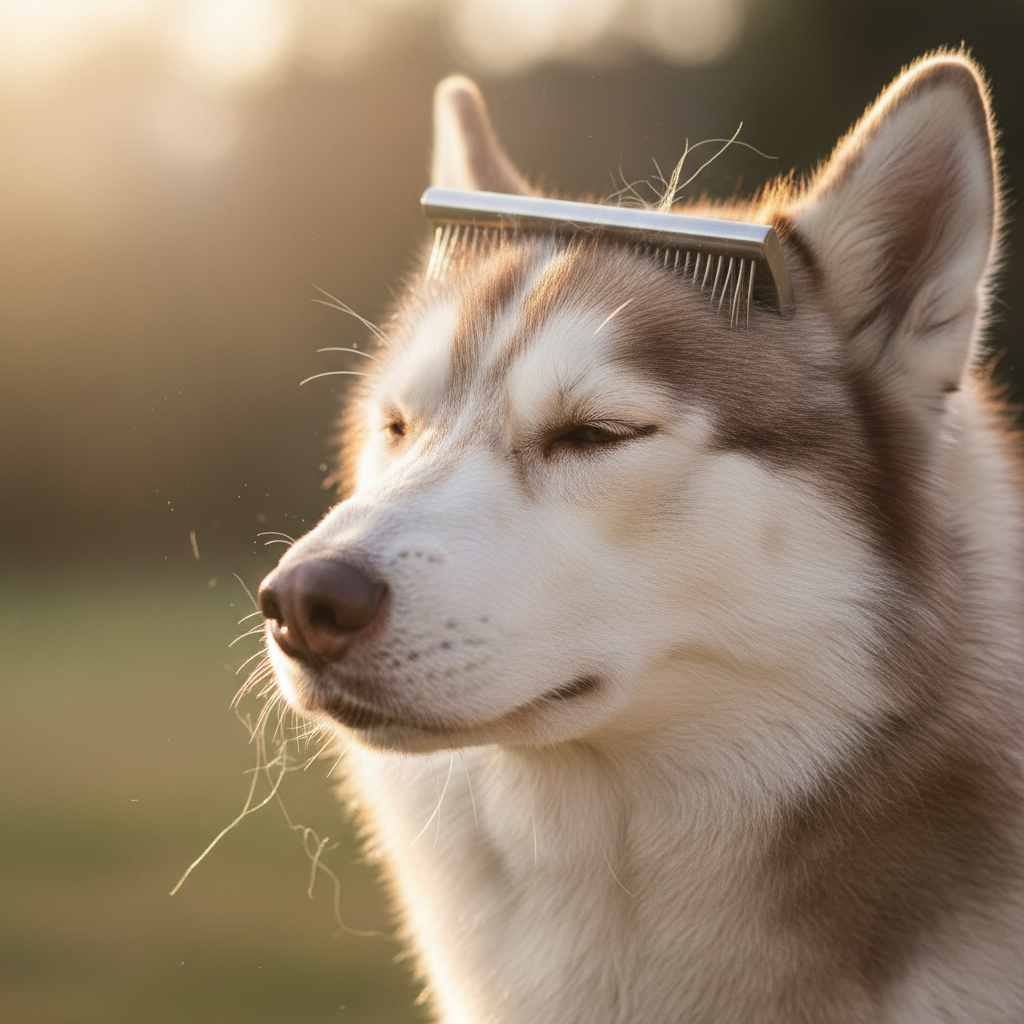 Husky being gently brushed with a slicker brush, showing thick double coat with guard hairs in morning sunlight