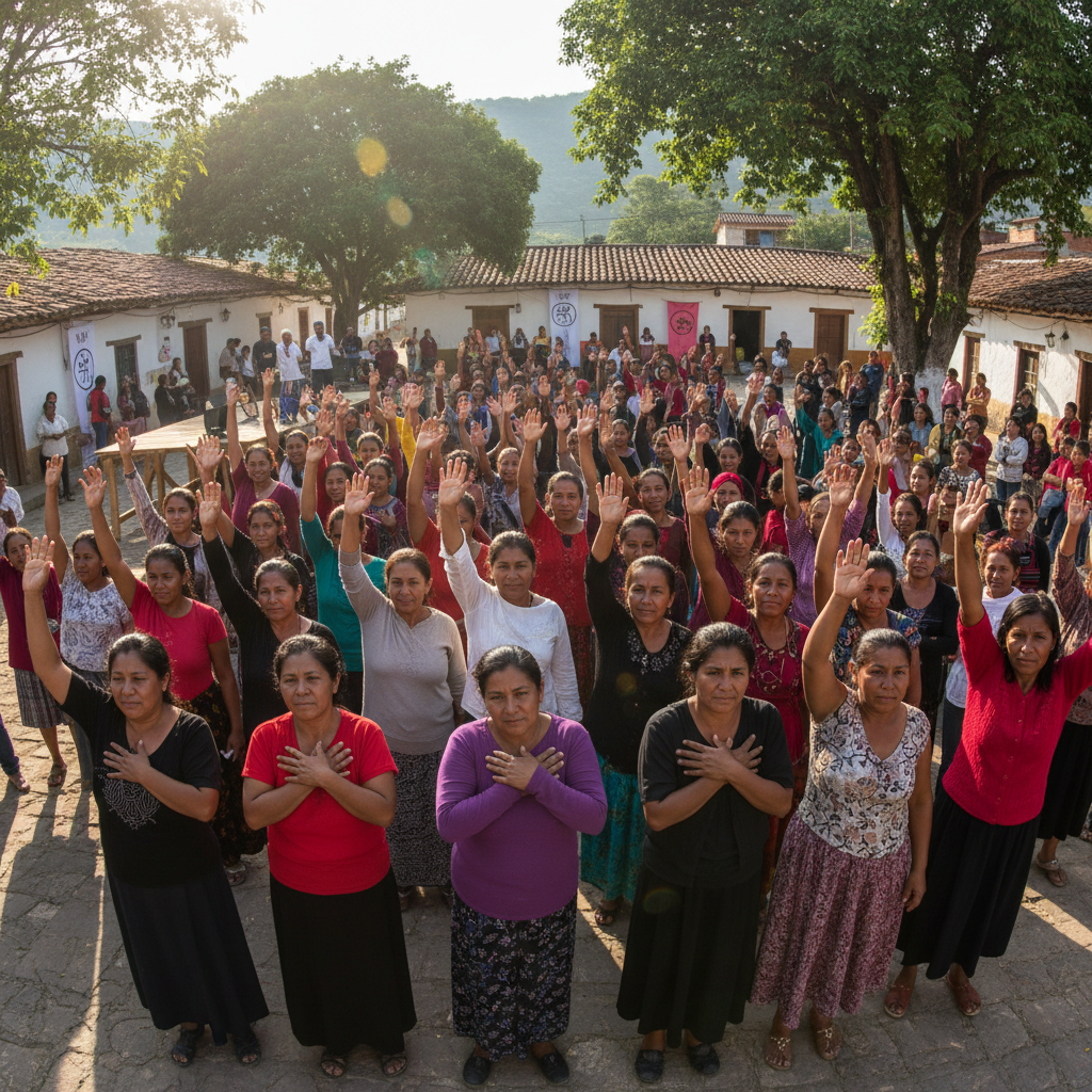 Women raising hands in open-air community vote