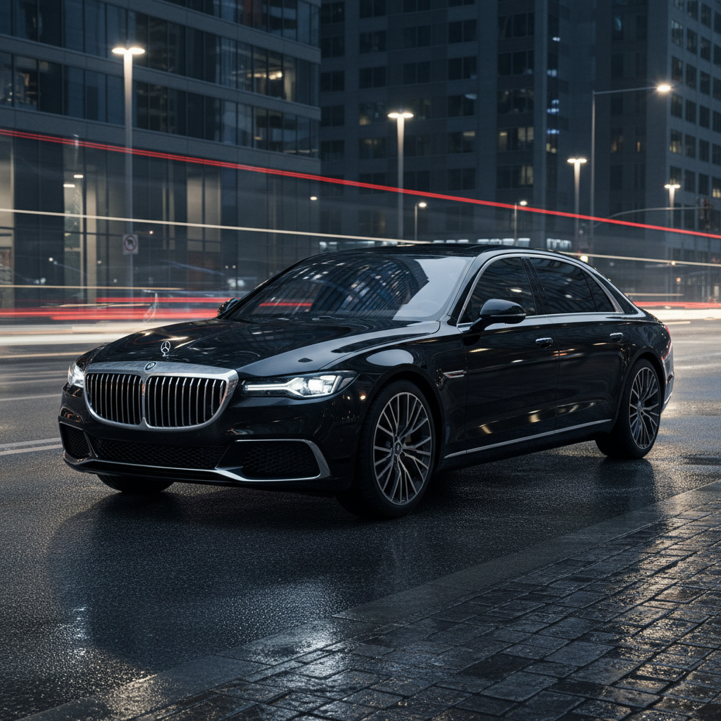 Sleek dark luxury sedan on empty road at night, dramatic spotlighting, polished paint reflecting light, cinematic deep shadows