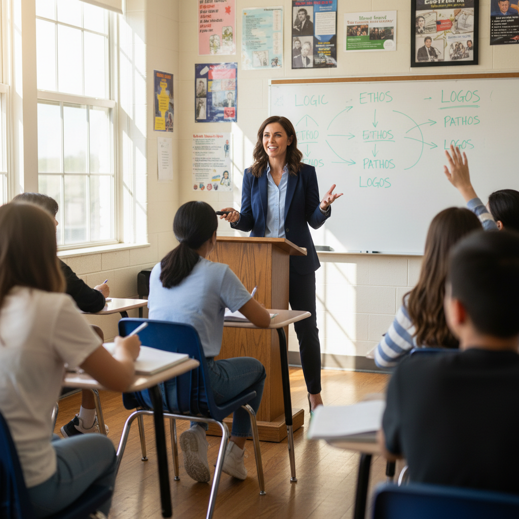 Ms. Camille Jordan, Podium lead instructor and debate coach, smiling in a classroom setting