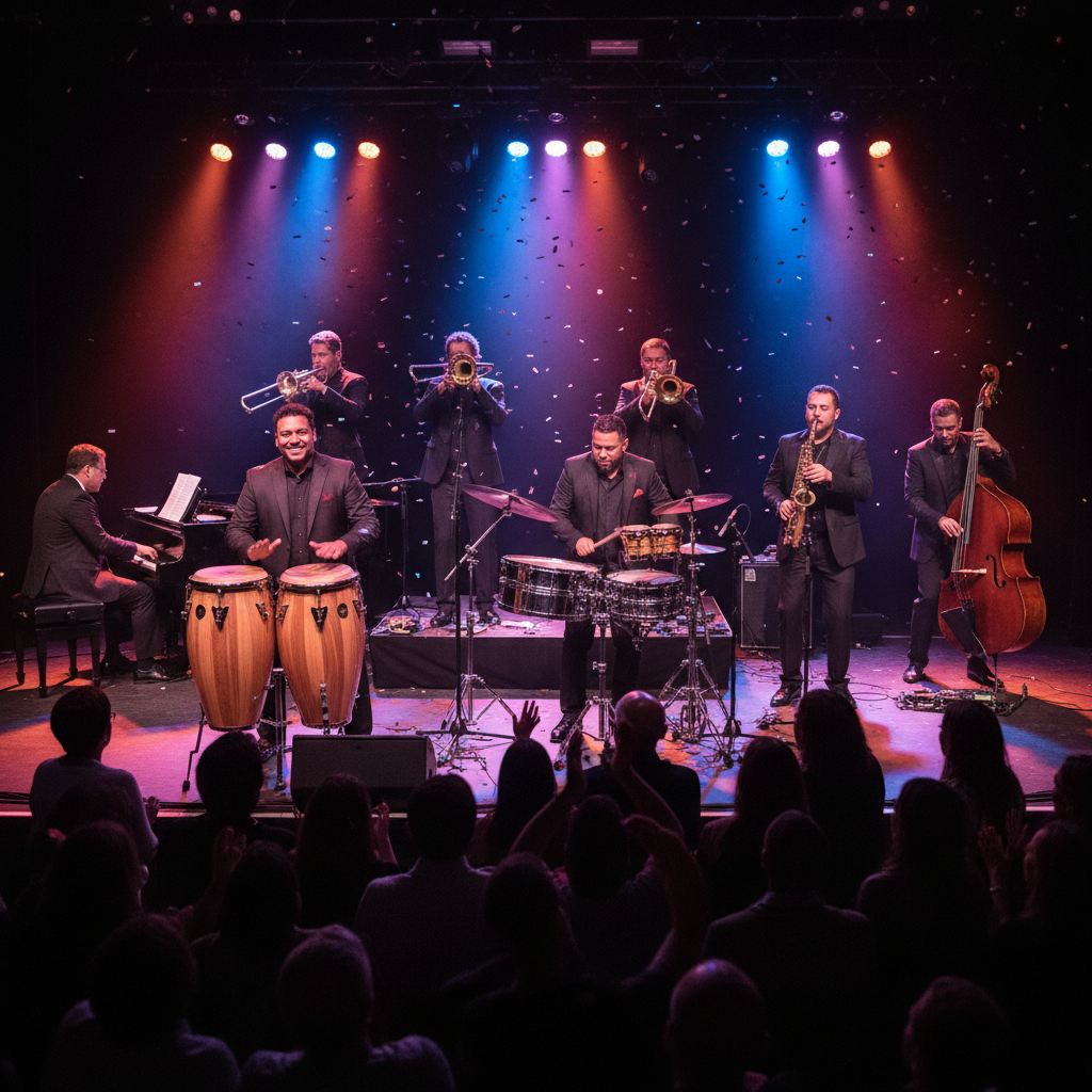 Banda de salsa cubana actuando en vivo en el escenario con trompetas, congas, piano y bajo, iluminación vibrante de concierto