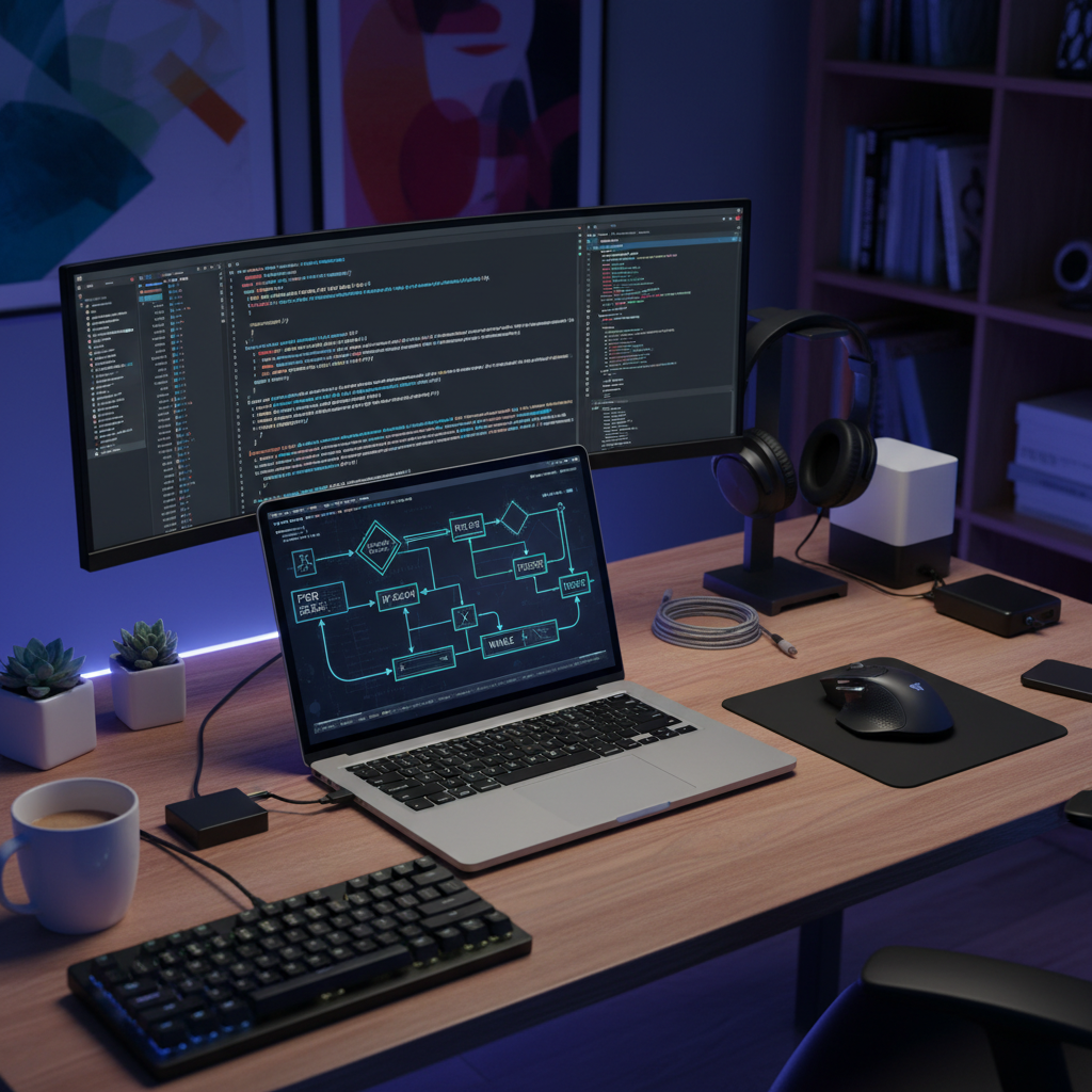Instructor at a programming workspace with a laptop and notes