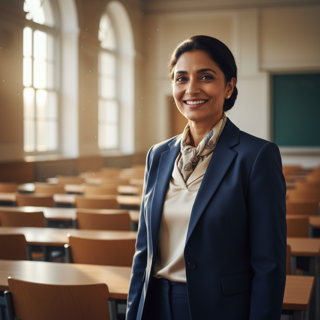 South Indian woman educator, professional photo, bright and airy school environment