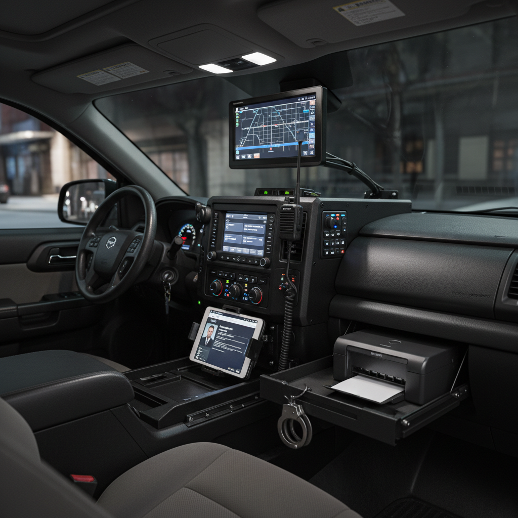 Police vehicle interior with mounted console and equipment tray