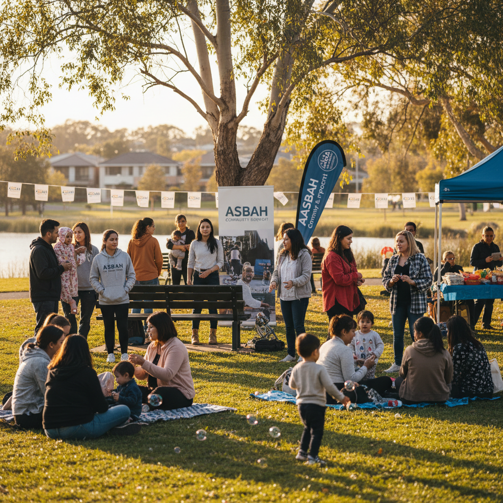 Asbah SA community group gathering photographed in April 2024 — families and supporters coming together for peer support