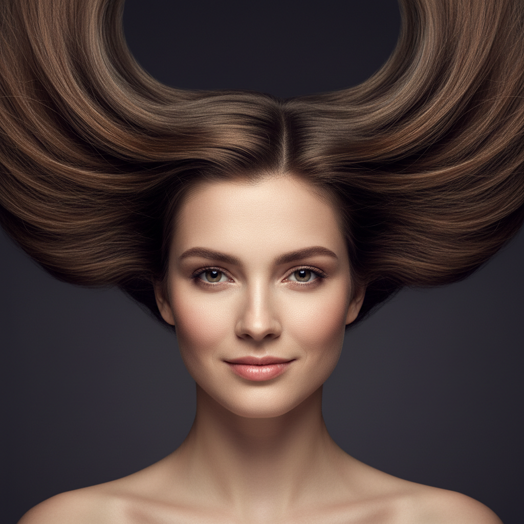 Editorial portrait of a model with hair fanning in an arc, shot under studio light against a deep charcoal background with violet tone grading