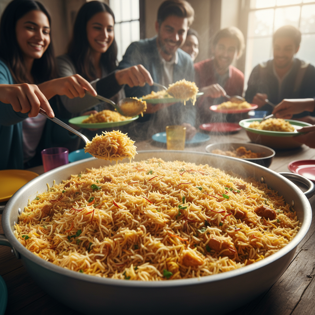 Biryani rice dish with saffron garnish in a dark deep pot, moody restaurant lighting
