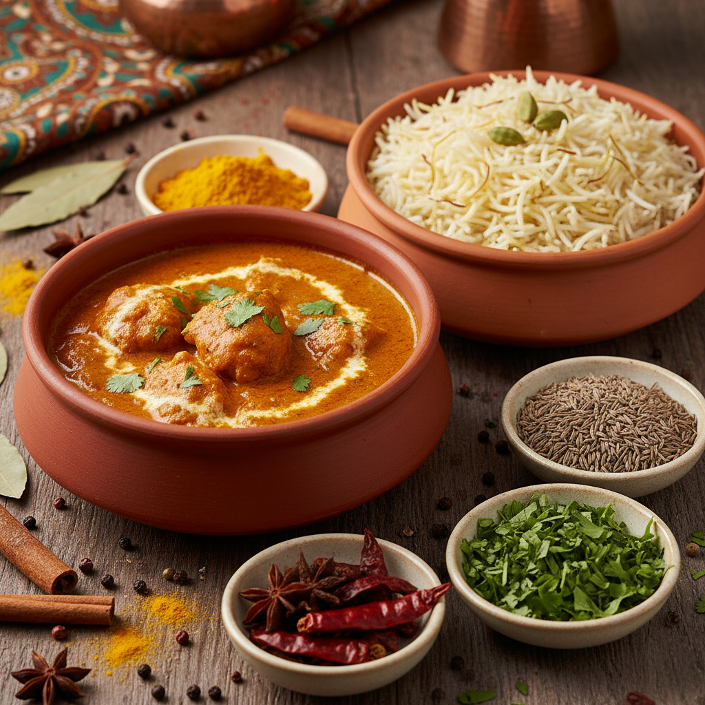 Colorful Indian curry dishes with saffron rice in bright ceramic bowls, warm golden lighting