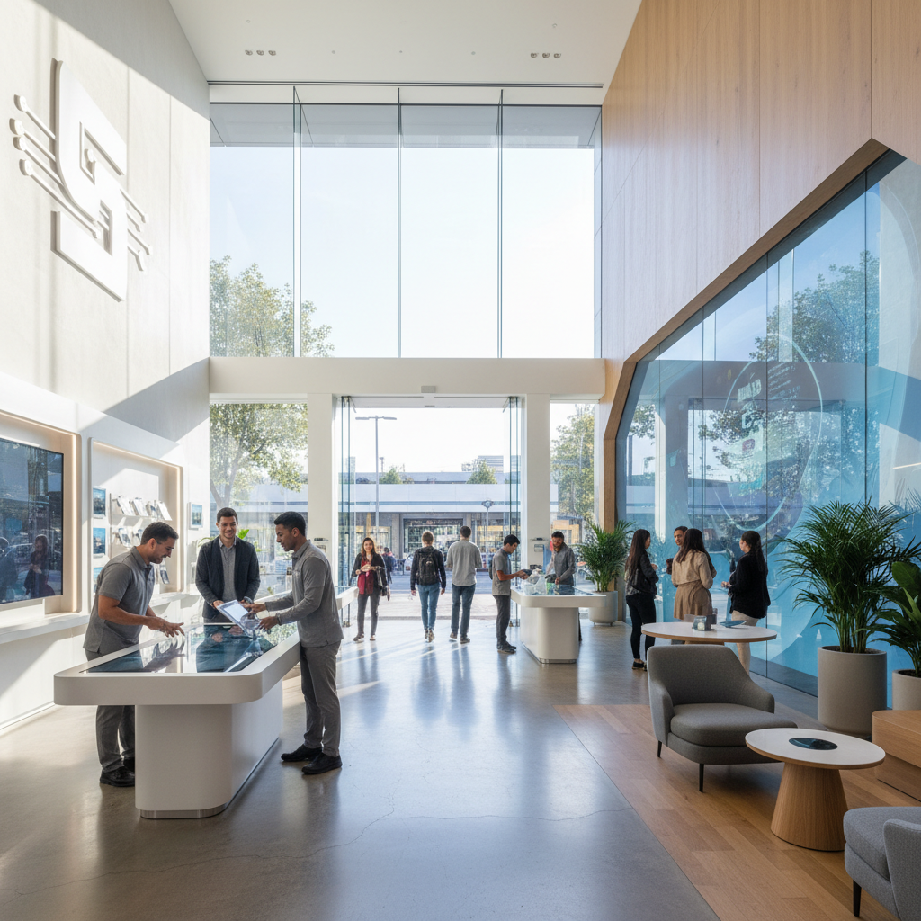 Vendedor atendendo cliente em loja de eletrônicos, ambiente acolhedor e organizado