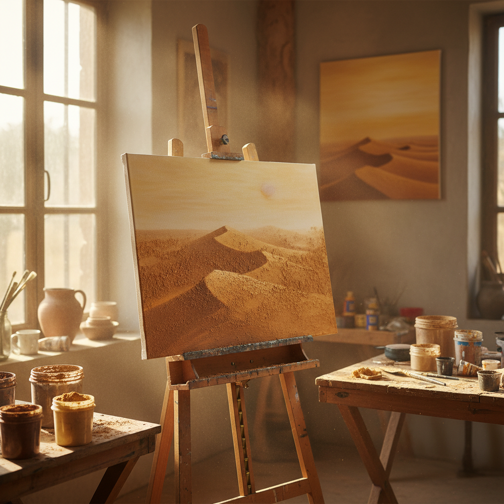 Close-up of harmattan dust painting in progress on an easel in a sunlit studio