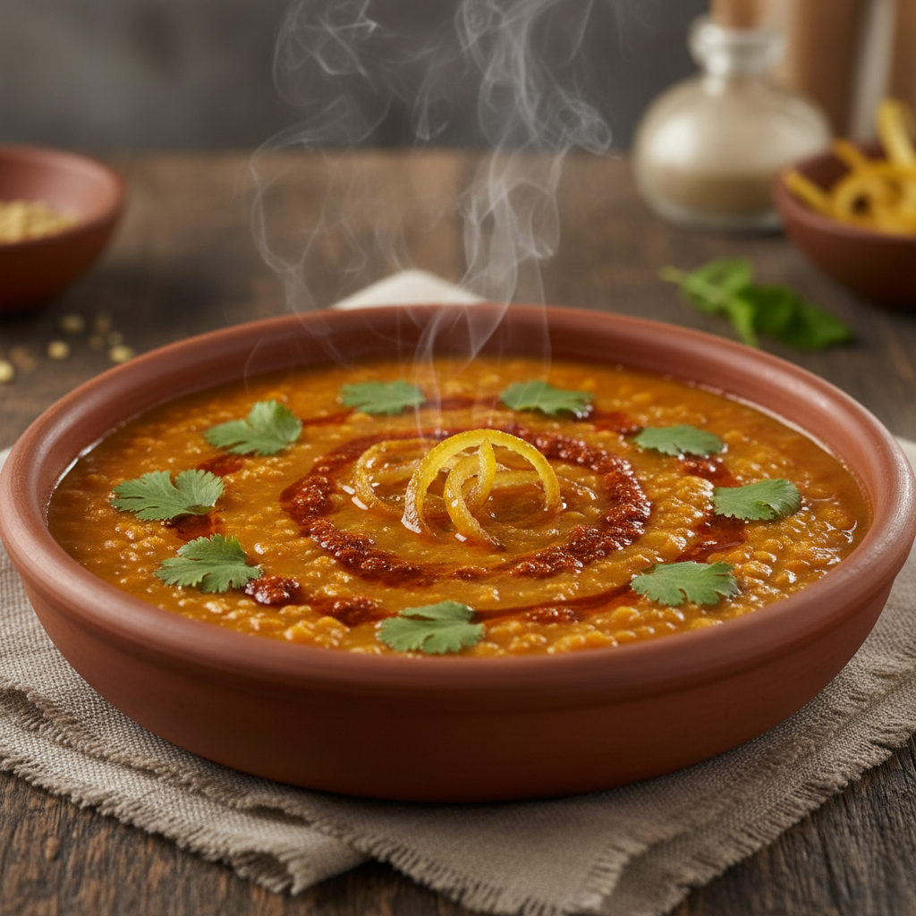 A steaming bowl of deep orange lentil soup with a swirl of harissa oil, preserved lemon rind, and fresh cilantro leaves on top