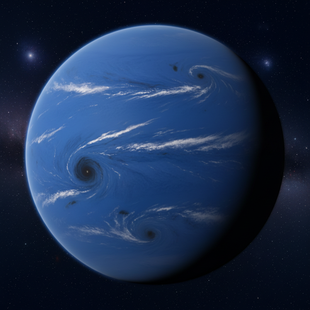 Deep blue ice giant planet in dark space, Neptune-like atmospheric swirls, cold and distant cosmic scene