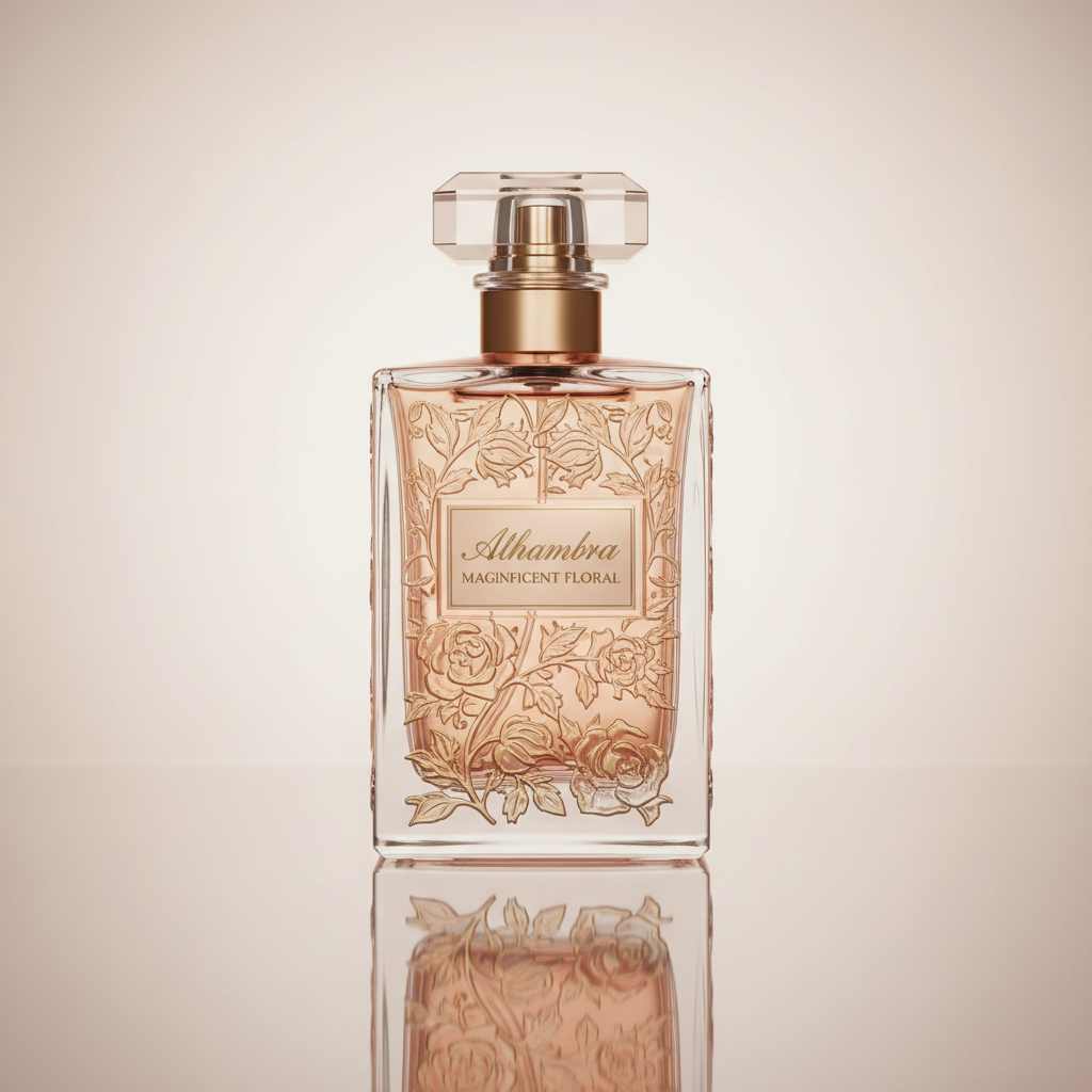 Bella Vita Date Woman Eau De Parfum luxury glass bottle with golden cap, cinematic studio lighting, dramatic shadows and glossy reflections